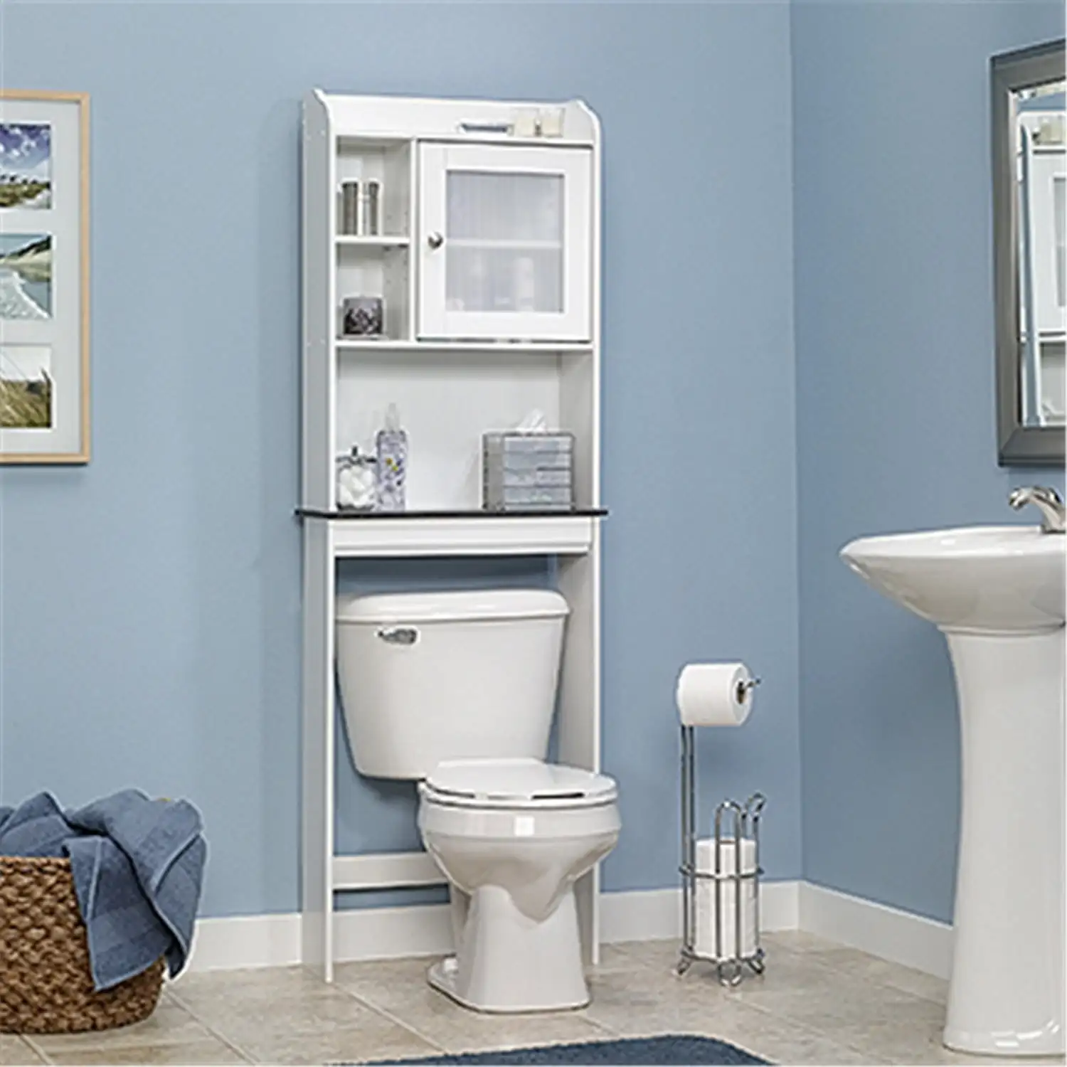 Sauder Bathroom Storage, Space Saver, It's Made of Sturdy Wood and Is Easy To Assemble,Adjustable Shelf, Provides Ample Storage