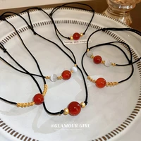 popular ins new chinse acacia red bean opal geometric round bead retro temperament design sense collarbone chain pendant
