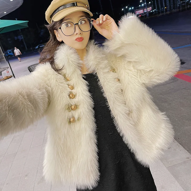 

Chic Imitation Fox Fur Blazers Coat Lady Golden Buckles Stand Collar Furry Bomber Jacket Retro Flocking Cardigan Parka Tops