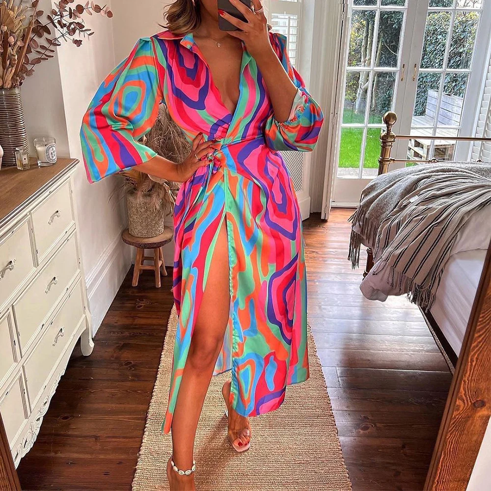 

Elegant Colorful Print Boho Beach Dresses For Women Long Sleeve Lapel High Split Party Dresses 2022 Summer Floral Robe Femme