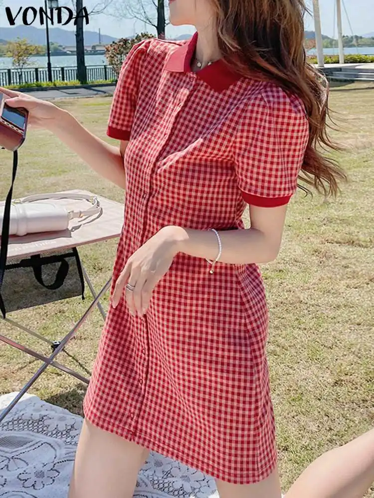 

2023 женское платье, винтажное платье VONDA, летние мини-платья с коротким рукавом, клетчатый сарафан, платья с пышным рукавом, трапециевидная модель