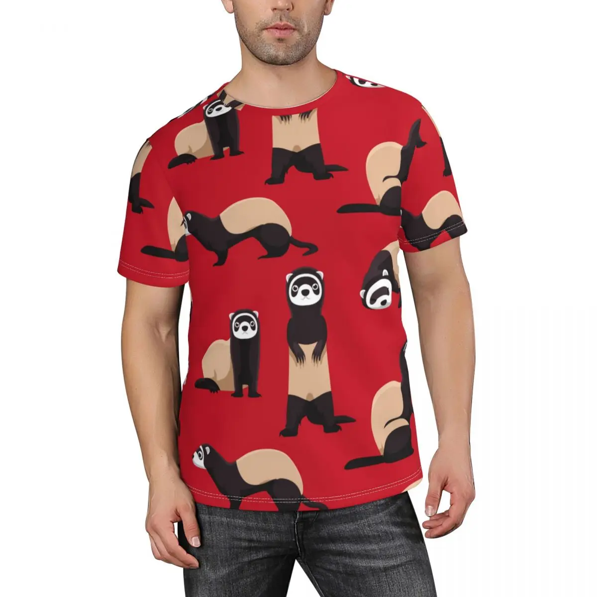

Футболка мужская с коротким рукавом, Повседневная Удобная рубашка с круглым вырезом, с рисунком хорька, красный топ, лето