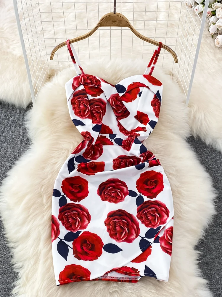 

Summer Sexy Floral Spaghetti Strap Bodycon Party Dress Women Red/Blue V-Neck High Waist Sleeveless Sheath Mini Vestidos Female