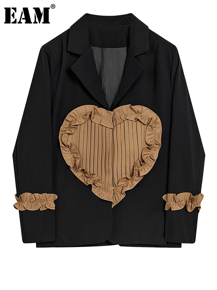 

[EAM] Женский Черный Повседневный Блейзер большого размера с оборками, новая свободная куртка с лацканами и длинными рукавами, модная демисезонная 2023 1DH2618