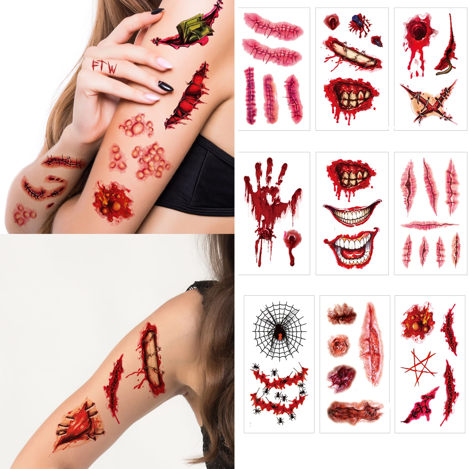 

10/20pcs Halloween Zombie Scar Tattoos Waterproof 3D Bite Mark Tattoo Sticker With Fake Scab Blood Horror Halloween Party Decor