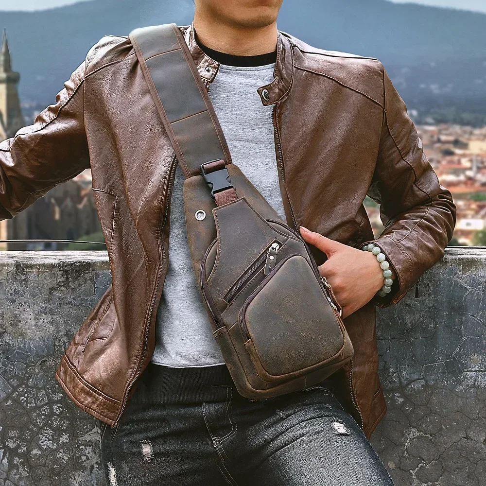 

Men Design Bag Travel Leather Chest Casual Male Sling 8015 Crossbody One Triangle Daypack Horse Shoulder Original Bag Crazy