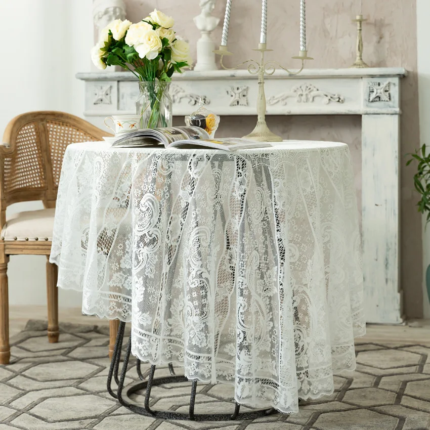 

Table Decoration Round Lace Tablecloth White Flowers Hollow Out Dustproof Table Cover for Romantic Wedding Party Coffee Dining