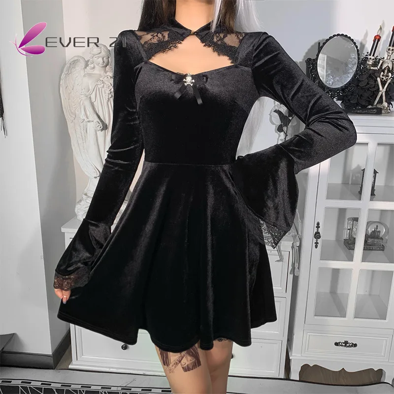 

Partywear Goth Dark Vintage Velor Gothic Grunge Autumn Dresses Women Falre Long Sleeve Lace Edge A-Line Dress Bow Hollow Out Emo