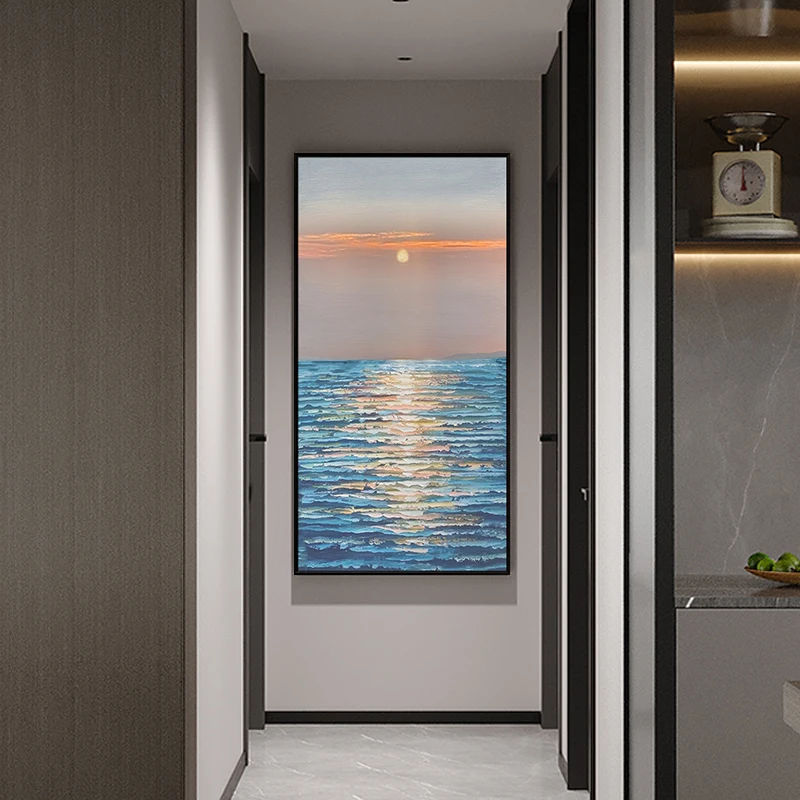 

Hand-painted oil painting, vertical plate, sunrise over the sea, high-end modern simple texture knife painting on canvas poster