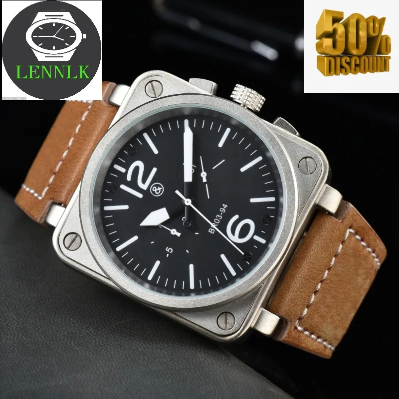 

Reloj mecánico automático de tres ojos para hombre, cronógrafo con campana, cuero marrón, negro, goma Ross, esfera grande de 46m