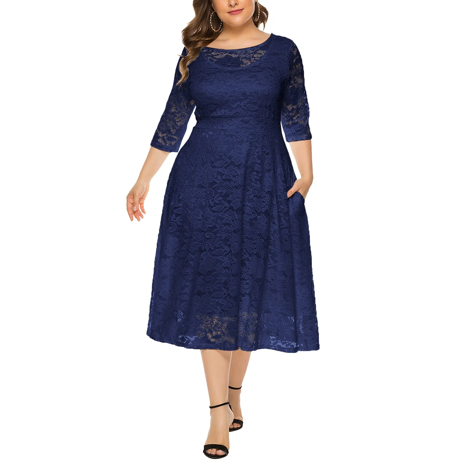 

Womens Floral Lace Plus Size Midi Dress Scooped Neckline Cocktail Party Dresses Black Long Sleeve Maxi Dress plus Size