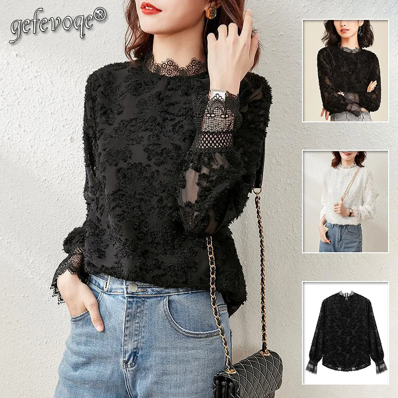 

Elegant Lace Ruffles Solid Shirt Spring Summer 2022 New Office Lady Half High Collar Long Sleeve Pullovers Tops Women's Clothing