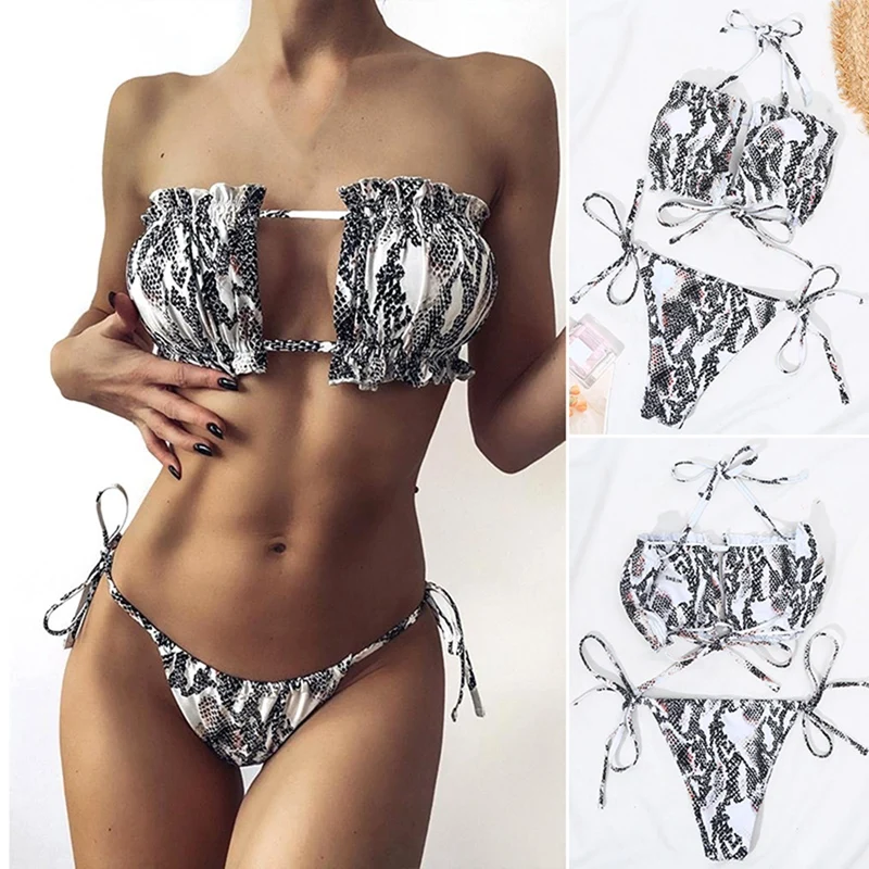 

Women Off Shoulder Pleat Bikini Hollow Out Lace Up Bandgae Push Up Bathing Suit Thong Swimsuit Bikini