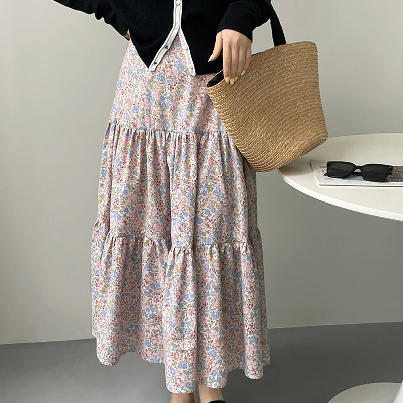 

Women's Floral Skirt Fashion Casual A Line Fold Thin Loose Longuette Chic Design Spring Summer Female Cake Skirt 2023