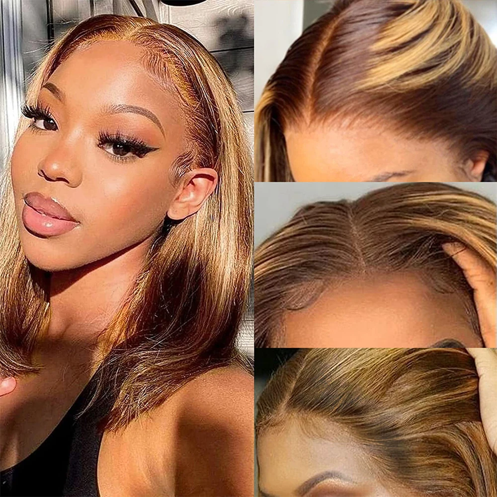 Фото Новинка! Парик-каре 4/27 Highlight Bob Wigs, прямой, с кружевной передней частью, из натуральных волос, бордовый 99J, омбре, цветной, 13x4, короткий парик-каре из натуральных волос. №4