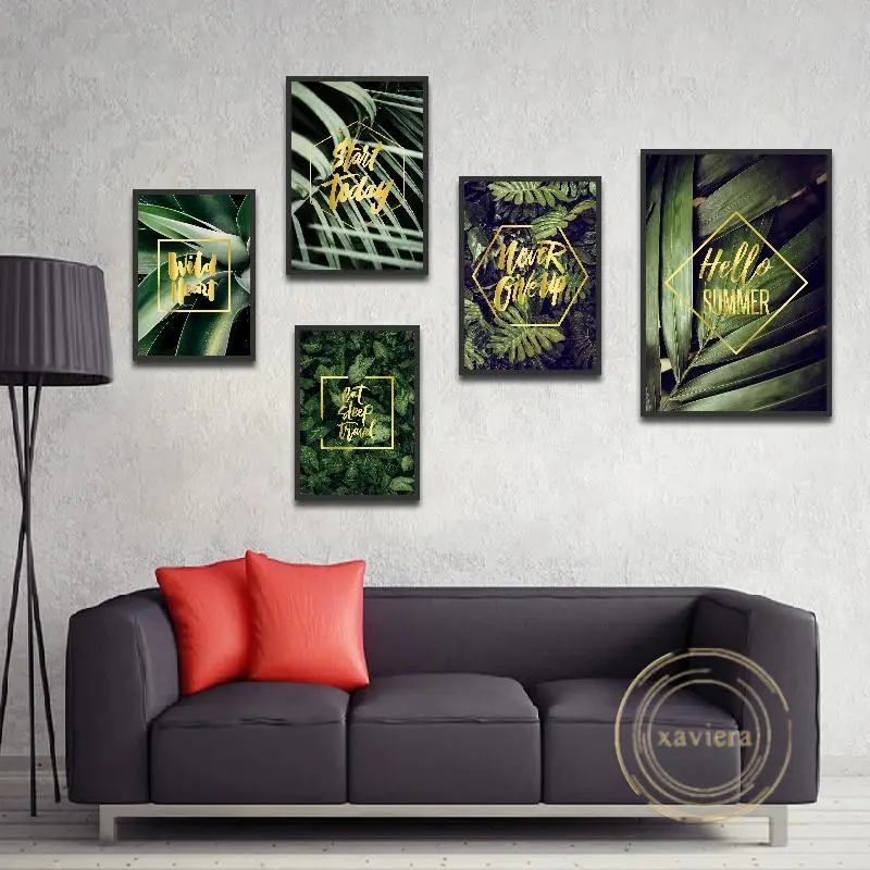 

Tropical Plant Green Leaf Poster Nordic Luxury Canvas Painting Golden Text Wall Art Picture Modern Home Decoration Living Room
