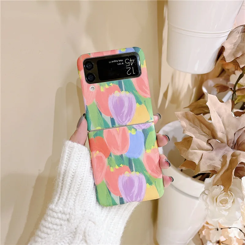 new tulip flowers case for samsung galaxy z flip 3 cover pc hard phone case for samsung galaxy z flip 3 back cover shell free global shipping