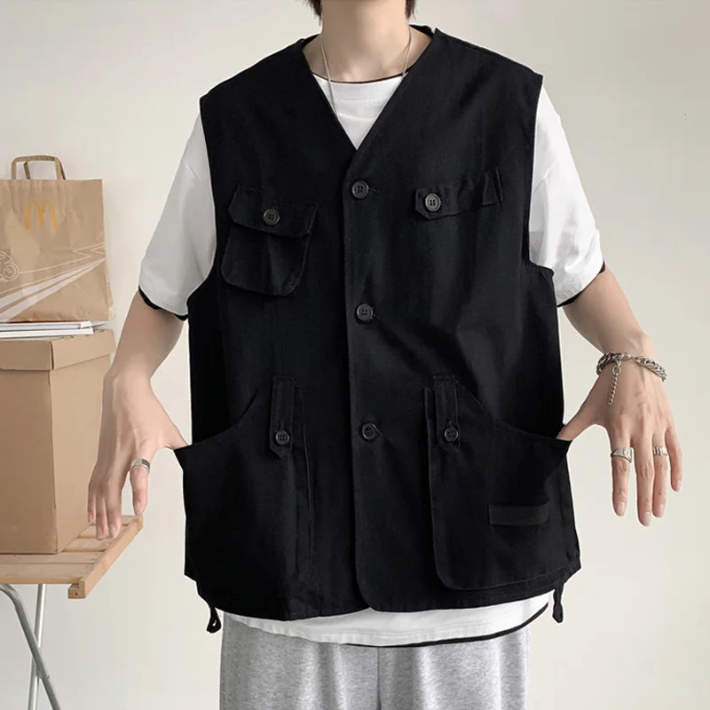 

Streetwear Vest Punk Style Men Clothing Summer Bullet Proof Vest Fashion Body Armor Sleeveless Coat Button Pockets Decoration