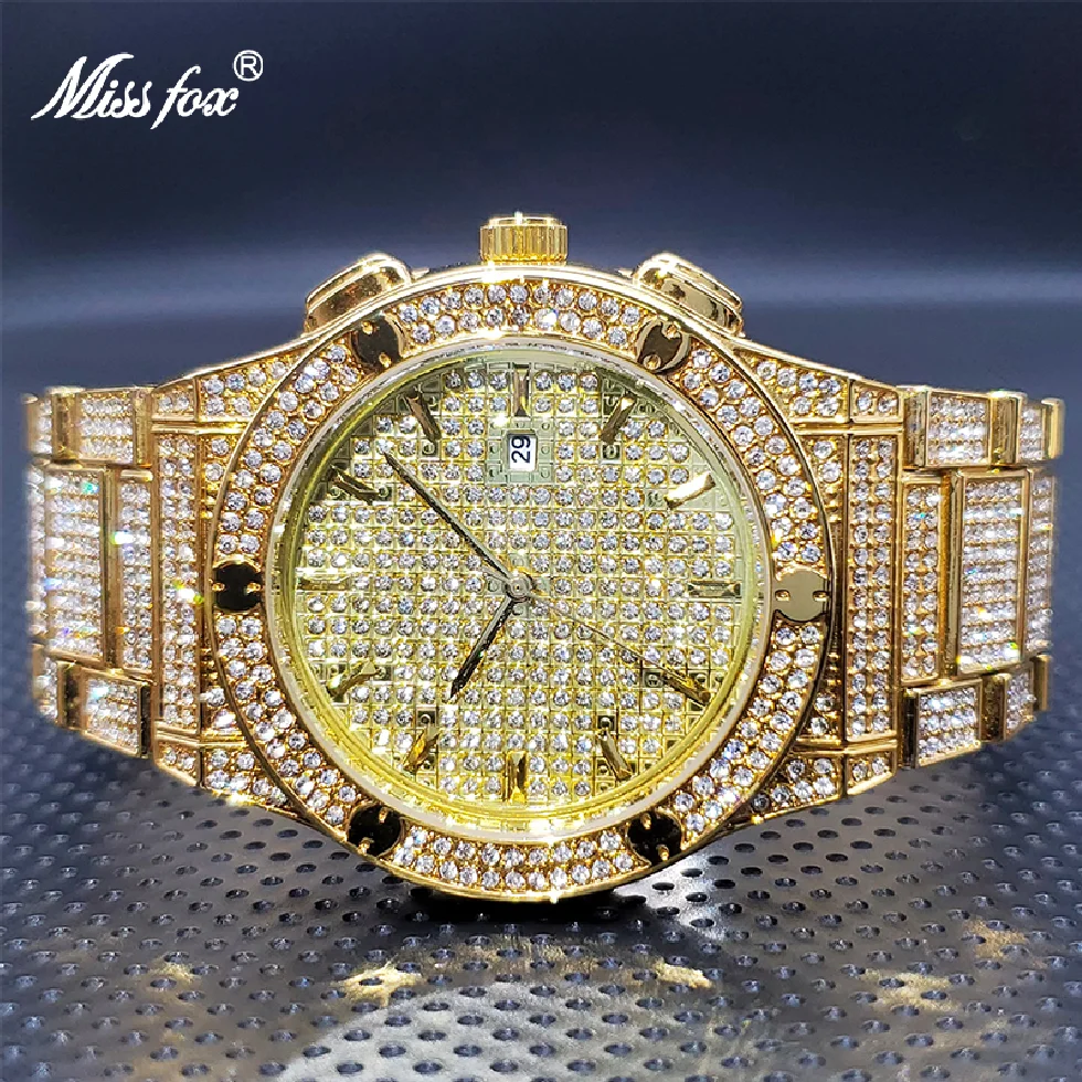 

18K Gold Watch for Big Man MISSFOX Luxury Classic Auto Calendar Full Diamond Bracelet Quartz Watches Droshipping Orologio uomo
