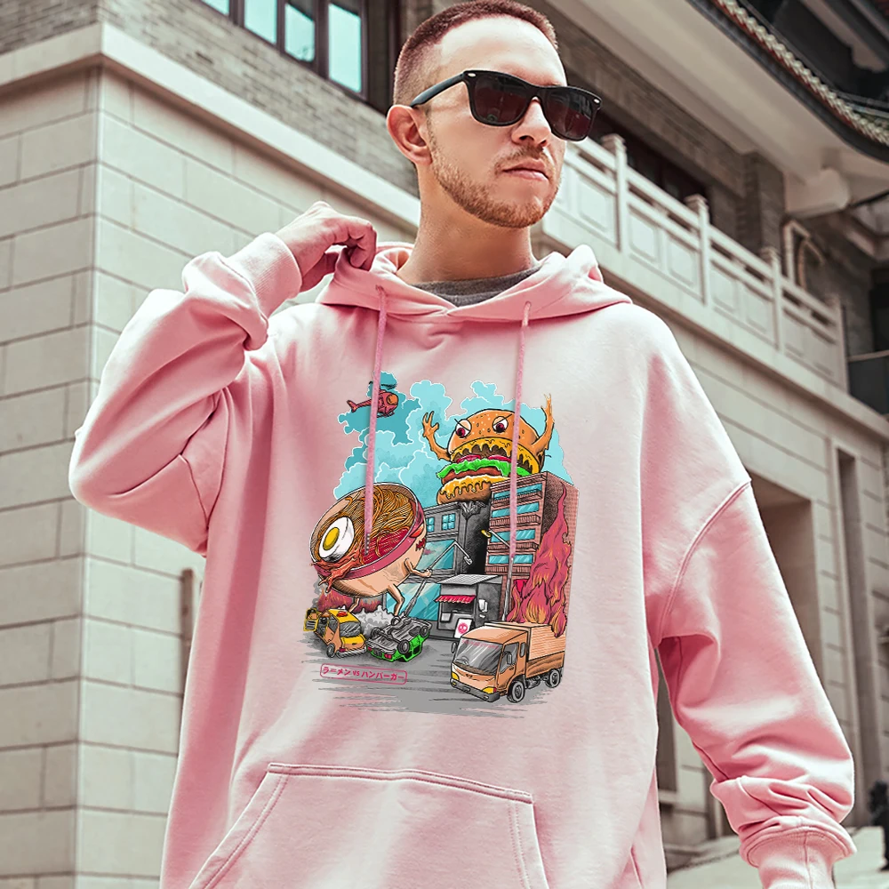 

Japan Street Hamburg Monster Vs Ramen Monster Mans Cotton Hooded Oversize Creativity Tops Casual Street Sweatshirt Male Pullover