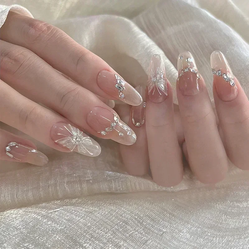 24Pcs 손톱에 아몬드 순수한 수제 프레스 전체 커버 나비 프랑스어 진주 다이아몬드 거짓 손톱 착용 가능한 매니큐어 네일 팁 아트