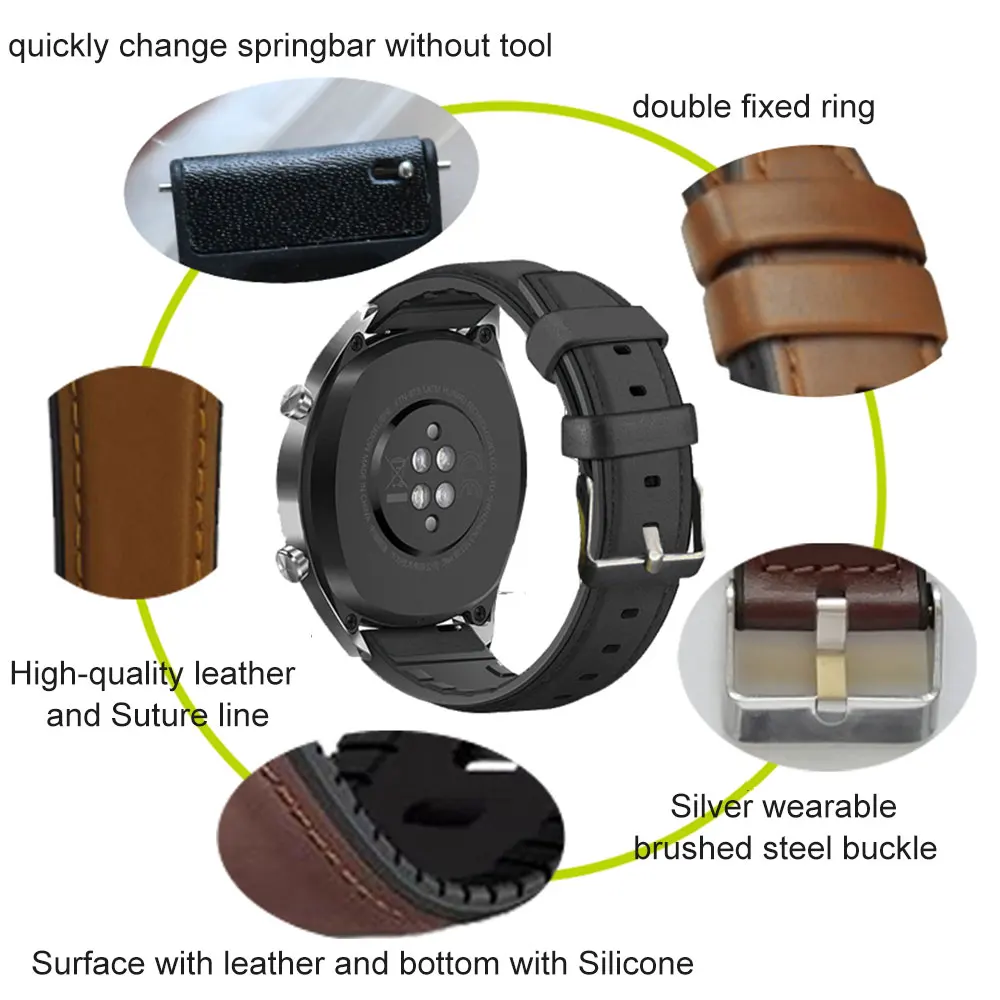 20mm 22mm Leather+Silicone Watch Strap For Huawei Watch GT2e GT2 42mm 46mm Smartwatch Band Samsung Gear S3 Active2 40mm 44mm