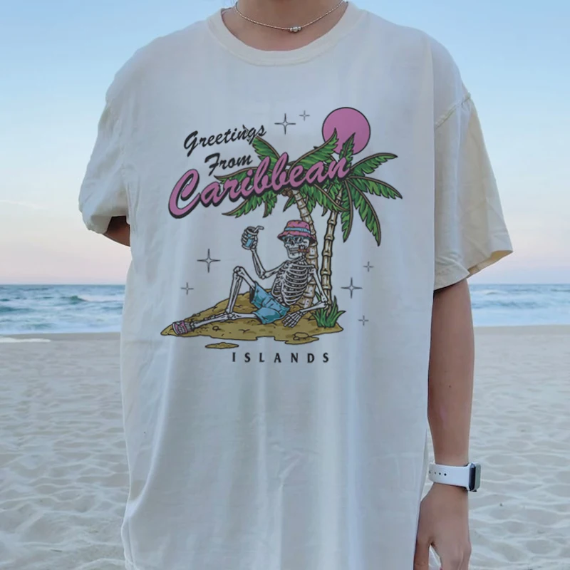 

Women 2023 Summer Skeleton Tropical Beach T-Shirt Oversized Vacation Graphic T Shirts Vintage Funny Tshirts Fashion Vsco Clothes