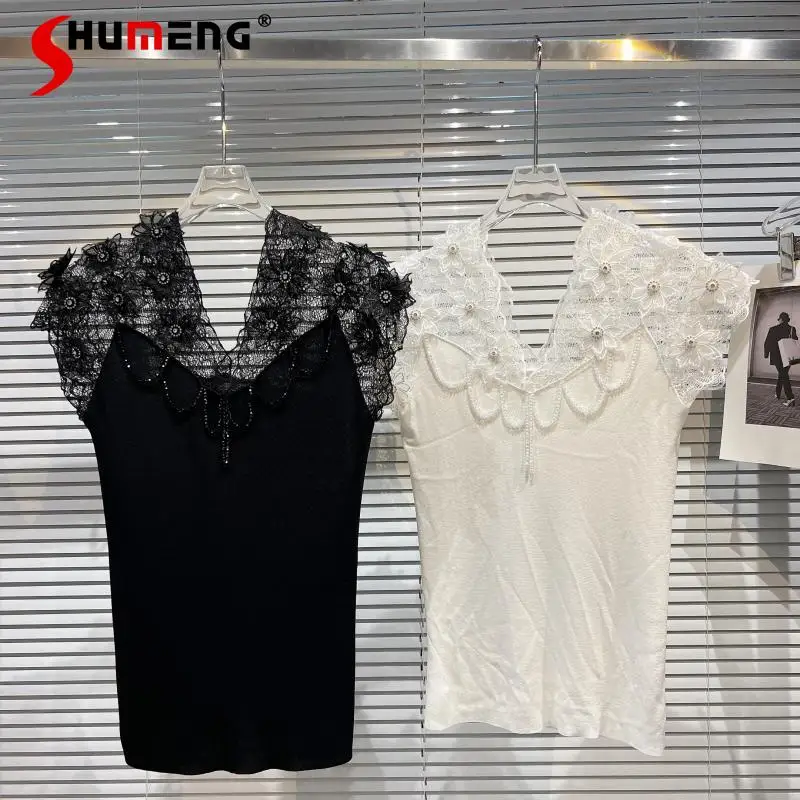 

2022 Summer New Tops Lace Crocheted Rhinestone Flower Short Sleeve T-shirt V-neck Cotton Knitted Bottoming Shirt for Women