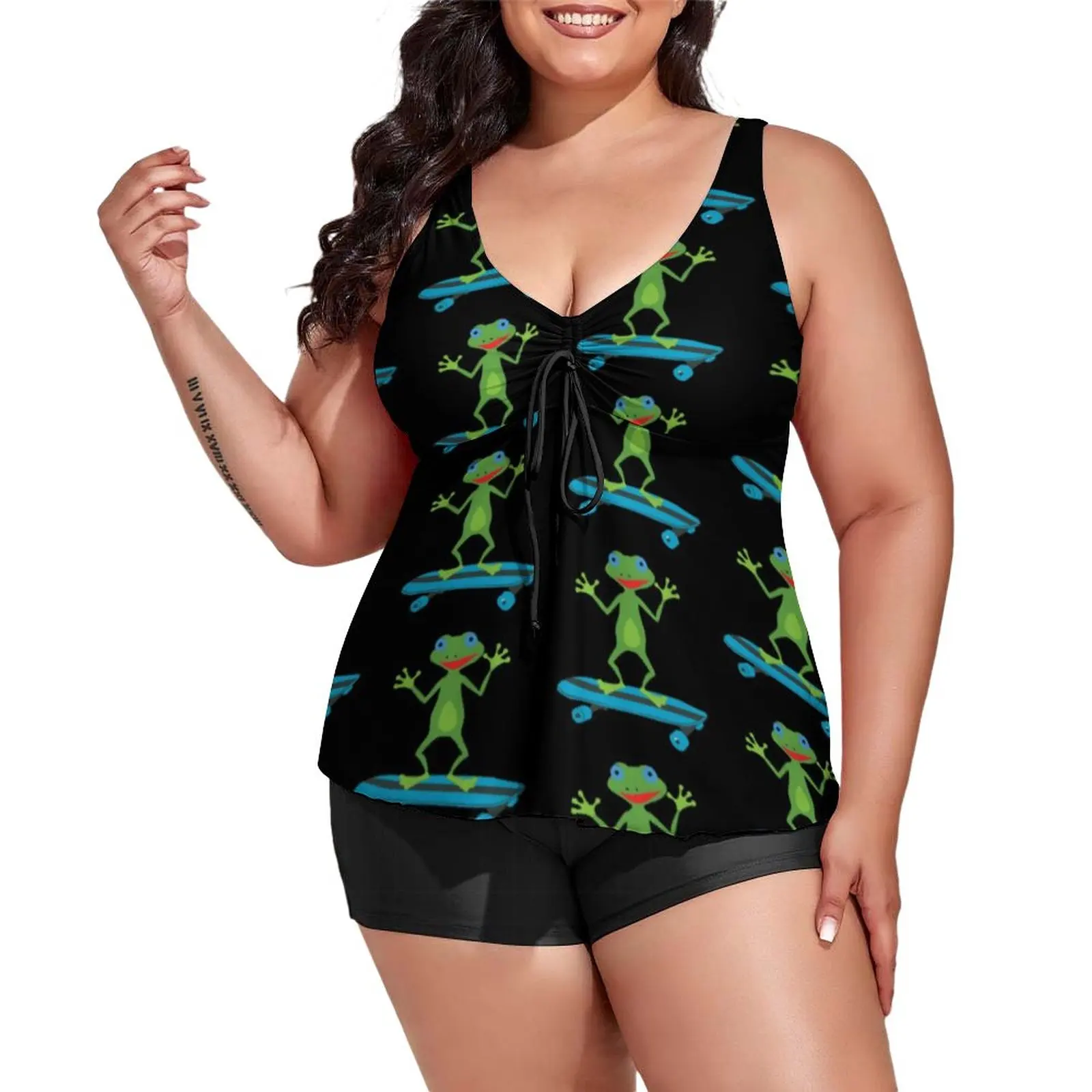 

Skateboarding Frog Tankini Swimsuit Funny Animal Print Vintage Swimwear 2 Piece Graphic Swimsuits Adjustable Fitness Beach Wear
