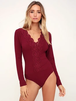 Women's Sexy V-Neck Lace Bodysuits Jumpsuit Solid Colors Autumn Full Sleeves Office Lady Fashion High Streetwear Female Clothing 1
