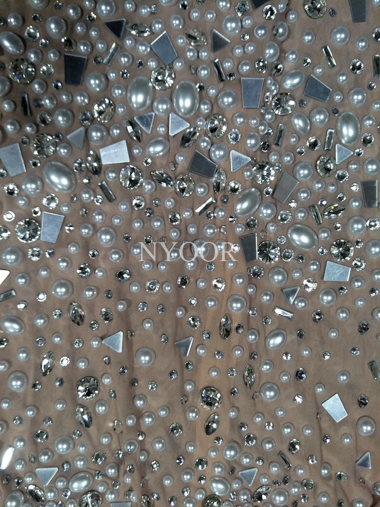 Женский прозрачный комбинезон со стразами жемчугом и молнией на спине S-XL