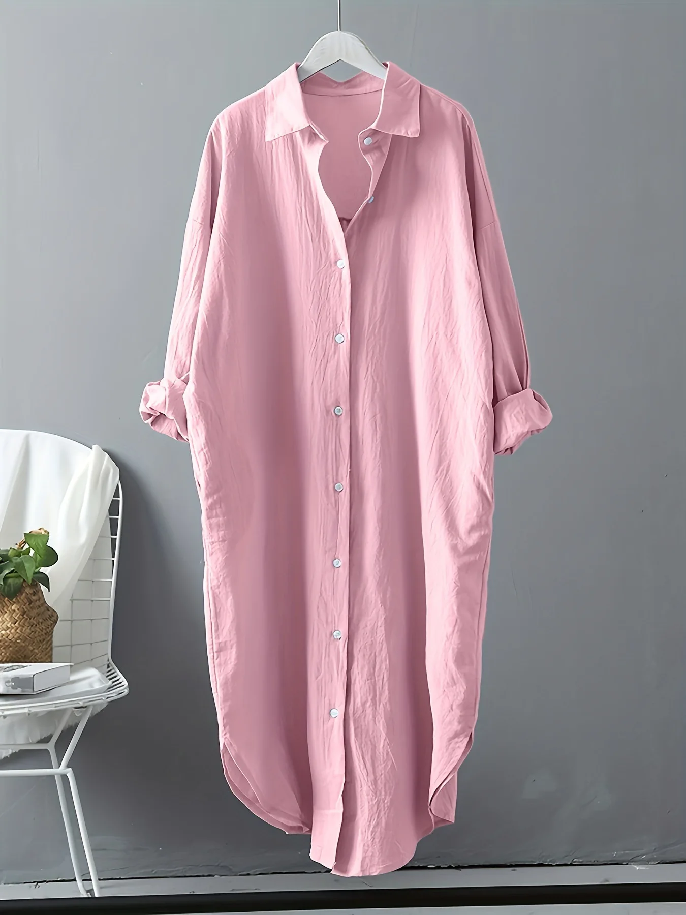 Платье-миди из хлопка и льна с длинным рукавом пуговицами