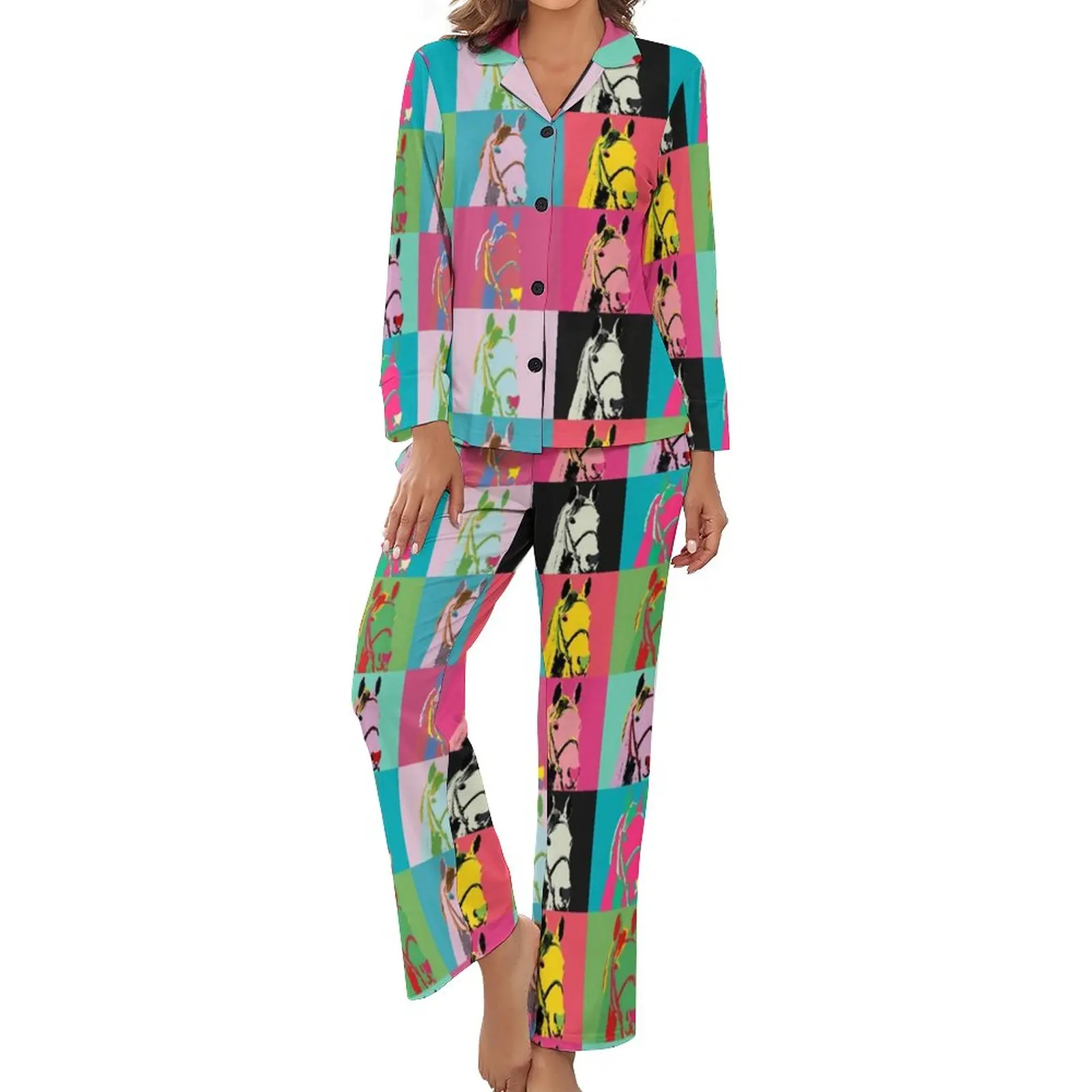 

Colorful Horse Art Pajamas Lady's Secret Horses Racing Night V Neck Sleepwear Womens Two Piece Print Long Sleeve Cute Home Suit