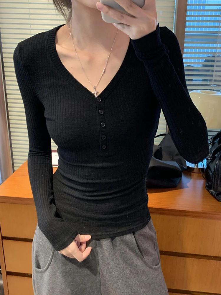 Корейская серия с плечами и v-образным вырезом нижняя рубашка длинными рукавами