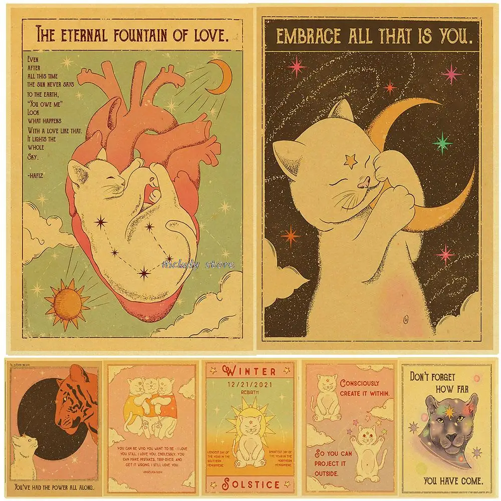 

Vintage Tarot Constellation Cat Posters Kraft Paper Witchcraft Sun Moon and Pisces Aries Room Decor Wall Printing