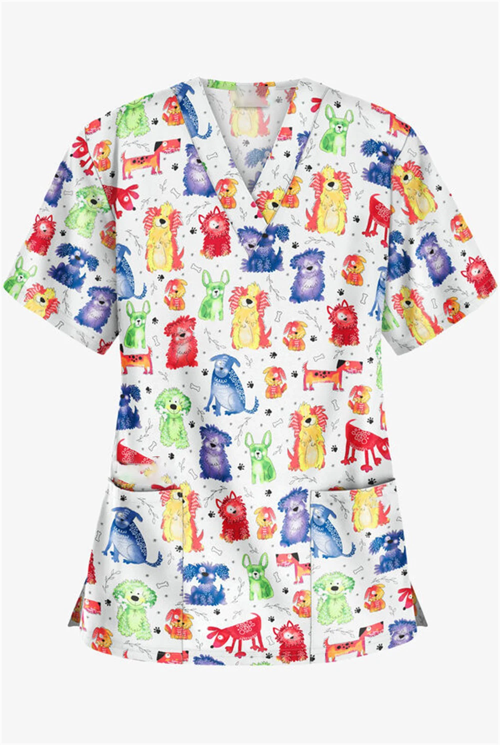 

New Frosted Fancy Retro Cartoon V Neck Printed Pocket Scrub Shirt Clothes Overalls Short Sleeve Dental Nurse Scrub Uniform Shirt