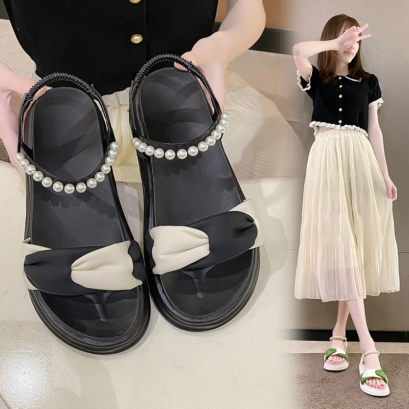 

Женские сандалии на танкетке, прозрачные босоножки на средней толстой платформе, с жемчугом, бежевые, для осени и зимы, 2022