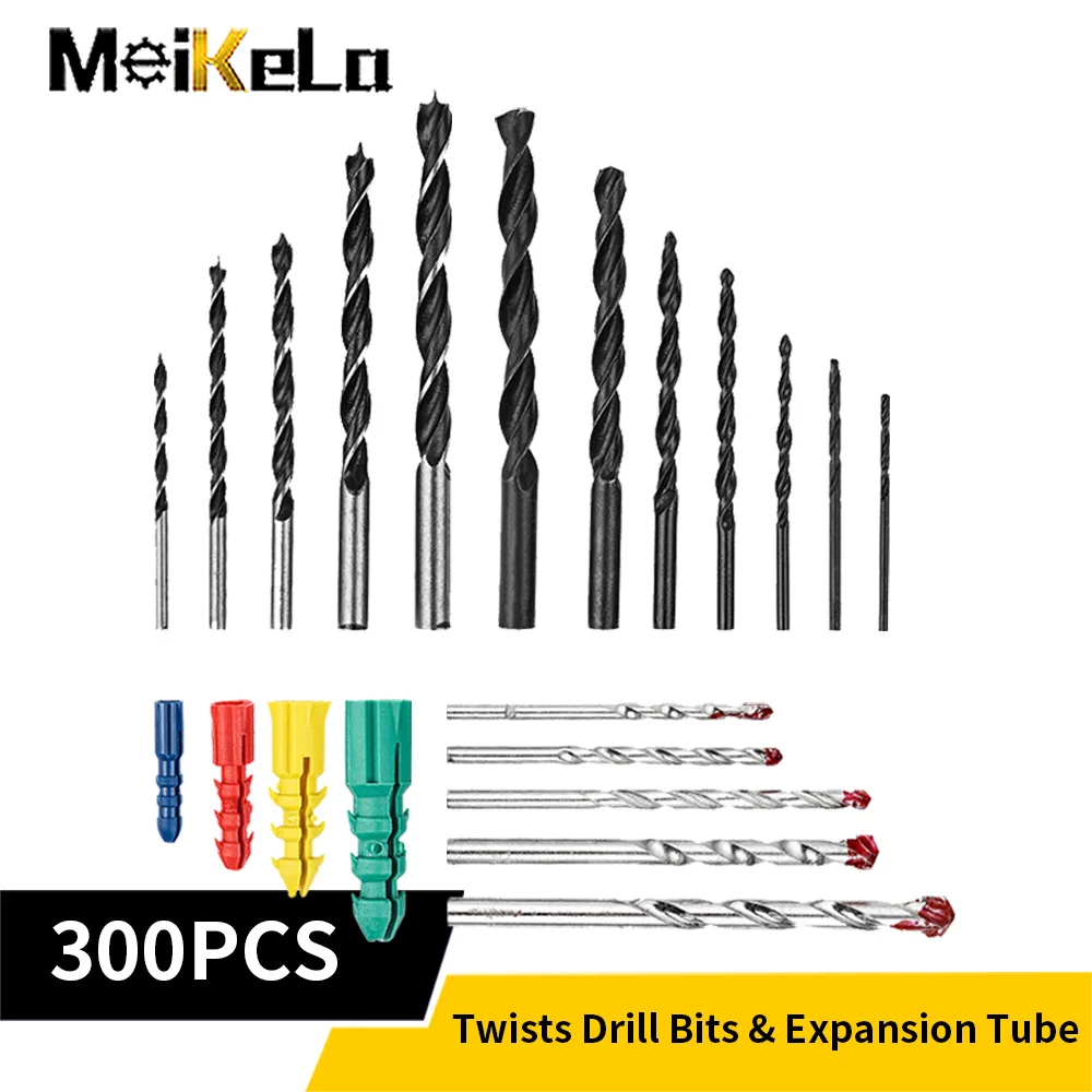 Meikela 300Pcs/Set HSS Twist Drill Bits Three-tip Carpentry Drill Construction Drill with 25mm Hex Handle Bit Extension Rod