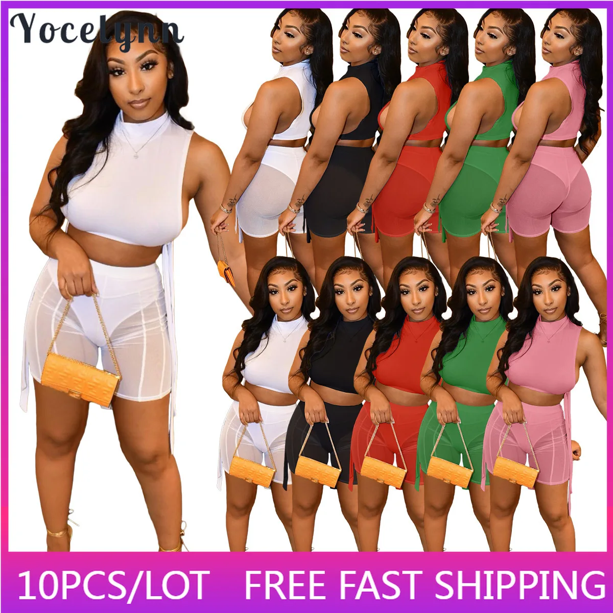 

Wholesale Items for Women Sets 2022 Summer Mesh Two Piece Shorts Sleeveless Crop Tops and See Through Shorts Club Party Outfits