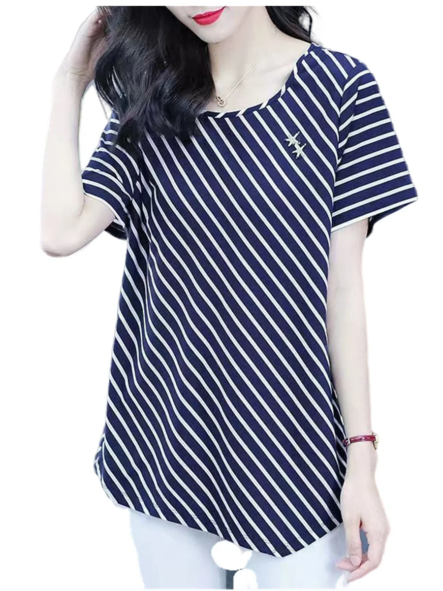 

6XL Loose Women Summer Spring Shirts Lady Fashion Casual Short Sleeve O-Neck Collar Stripe Printing T-shirt Blusas Tops G2412