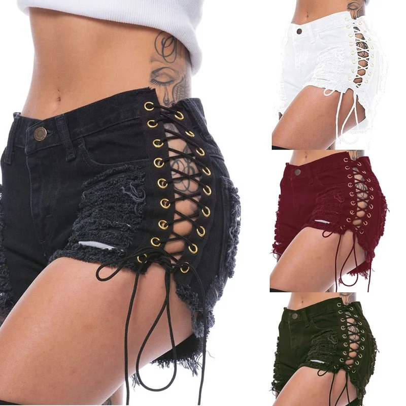 

2022 New Summer Women Hole Side Corns Bandage Denim Shorts Fashion Women's Elastic Biker Shorts Pantalones Cortos De Mujer
