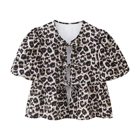 Женская винтажная блузка с леопардовым принтом, на завязках