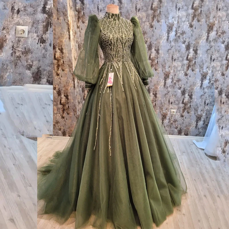 

Green Luxury High Neck Evening Dresses 2023 Crystal Beading Sequins Tull Long Sleeved A-Line Evening Gowns فساتين السهرة