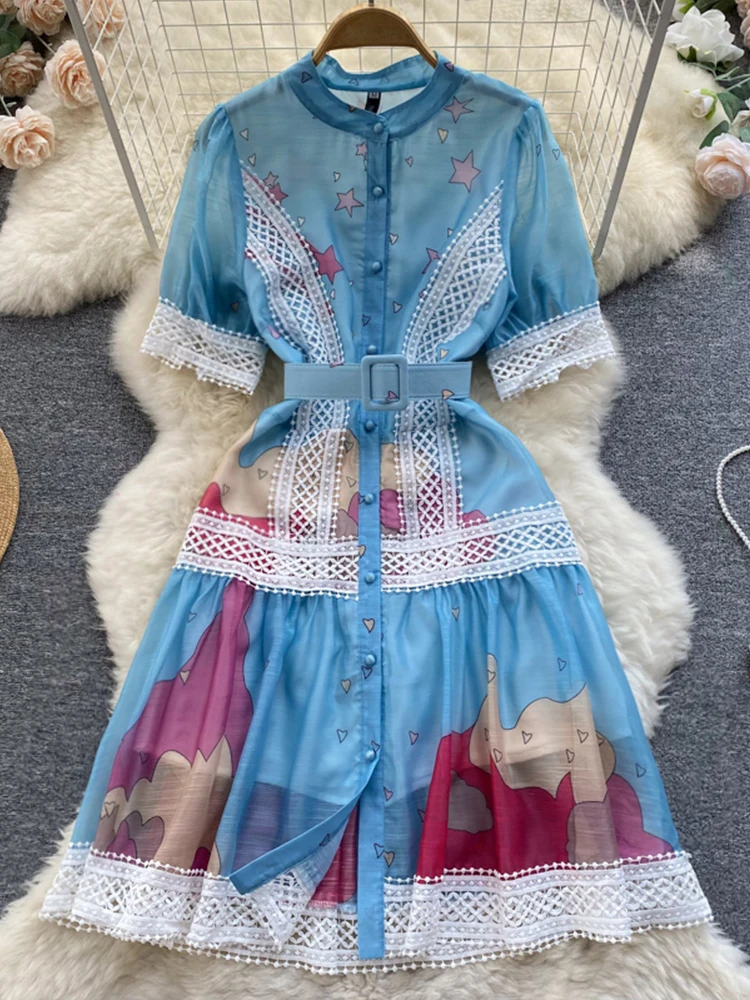 

Banulin Runway Lace Trims Embroidery Hollow Out Stitching Flower Dress Women Short Sleeve Floral Print Belted Mini Vestido