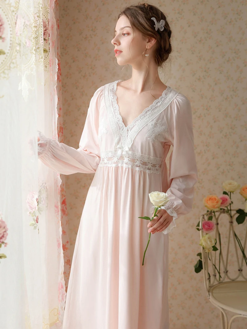 Women Spring Lingerie Cotton Lace Fairy Sweet Princess Sleepwear Ruffles V-Neck Embroidery Robes Vintage Victorian Nightdress