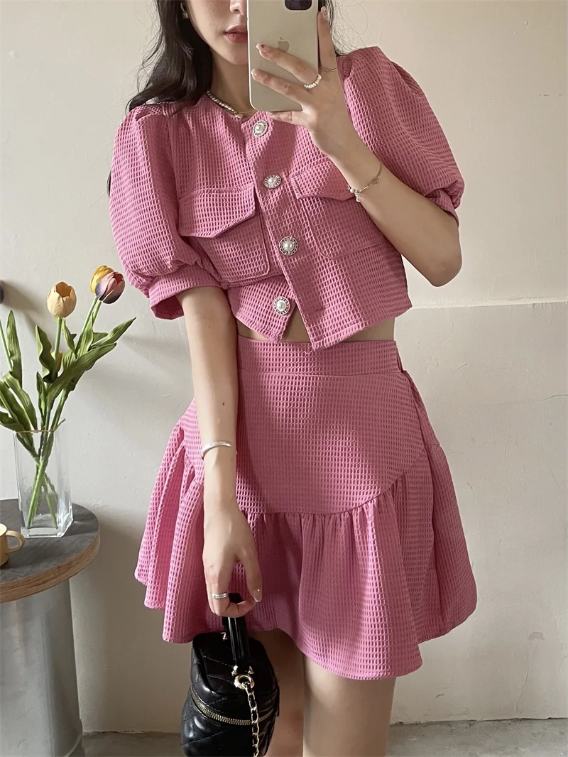 

Женский Винтажный Классический костюм, комплект из двух предметов, короткий топ с коротким рукавом и мини-юбка, Y2k