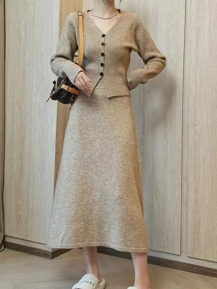 Элегантный женский офисный костюм UCXQ кардиган с V-образным вырезом свитер юбка