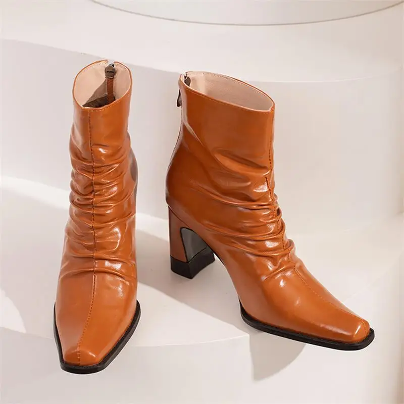 

Women European and American Short Boots New Simple Solid Color PU Pointed Fold Rear Zipper Fashion Casual Street Women Shoes