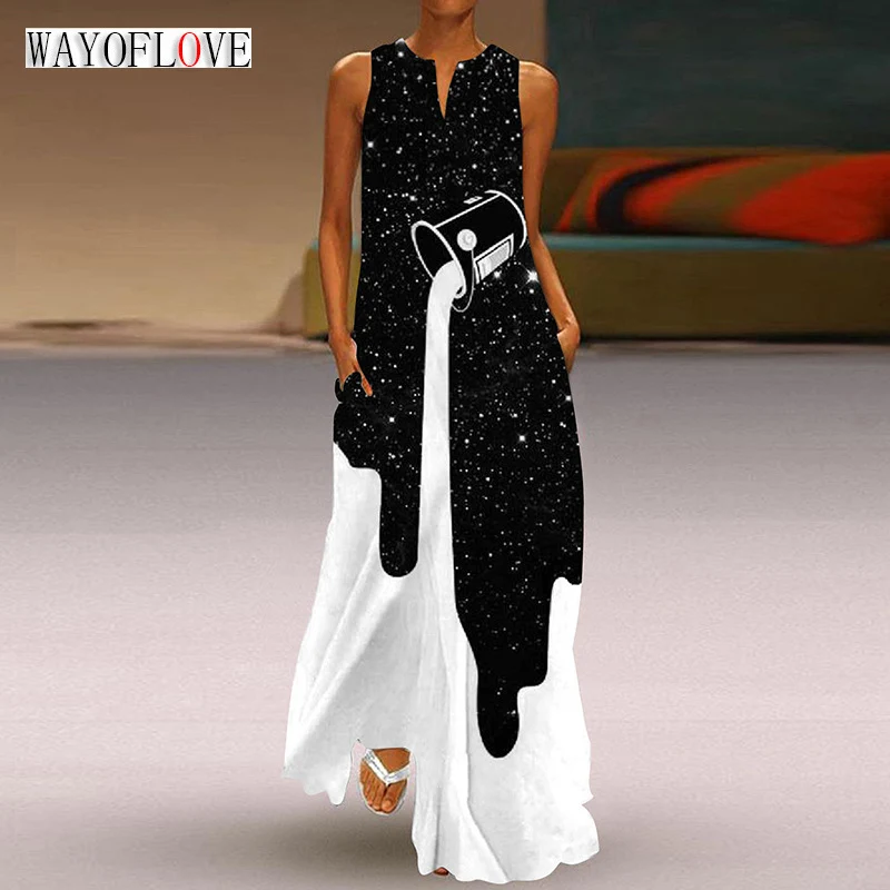 

WAYOFLOVE Ladies Spring Summer Long Dress Sleeveless V-neck Black Print Casual Beach Dresses Party Elegant Boho Maxi Dress Women