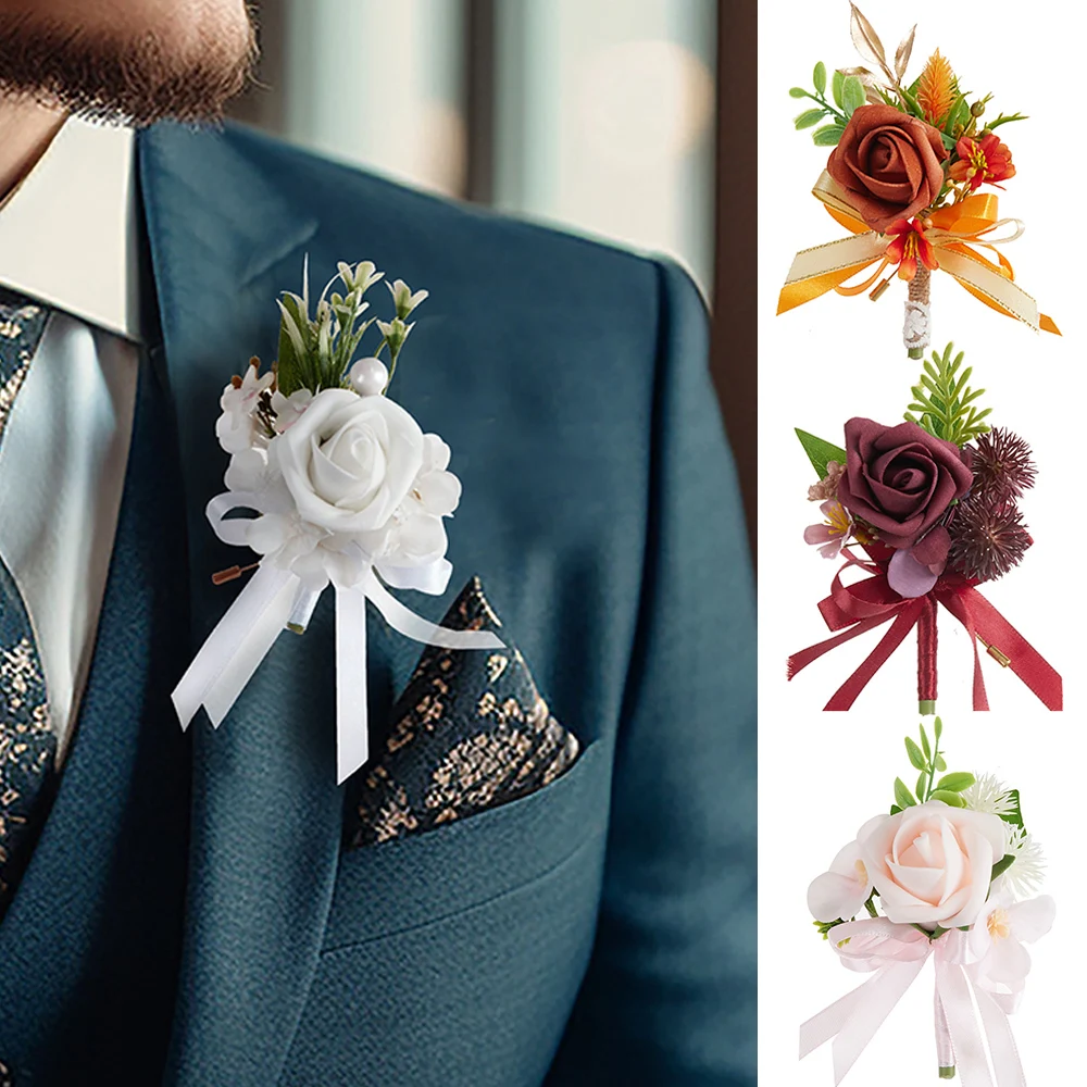 

Silk Boutonniere Bridal Wrist Corsage Bridesmaid Groomsmen Artificial Rose Bracelet Flowers For Wedding Dancing Party Decoration